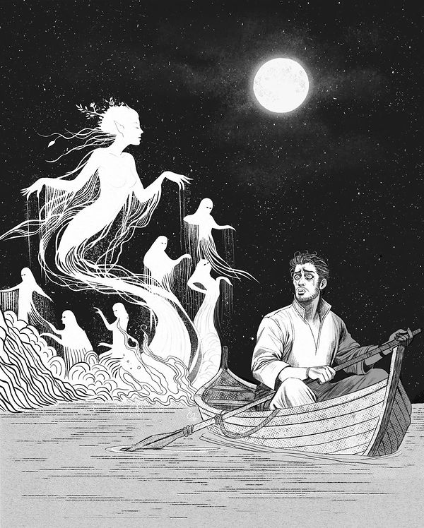 Phantom's Pursuit on the Pond, myth & fantasy by Pooneh Nik